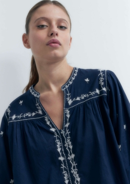 Navy Blue Boho Blouse With White Embroidery