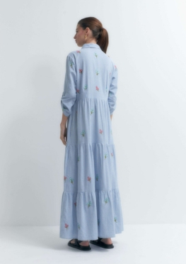 Striped Maxi Dress With Multi Color Embroidery