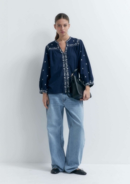 Navy Blue Boho Blouse With White Embroidery