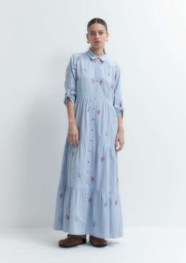 Striped Maxi Dress With Multi Color Embroidery